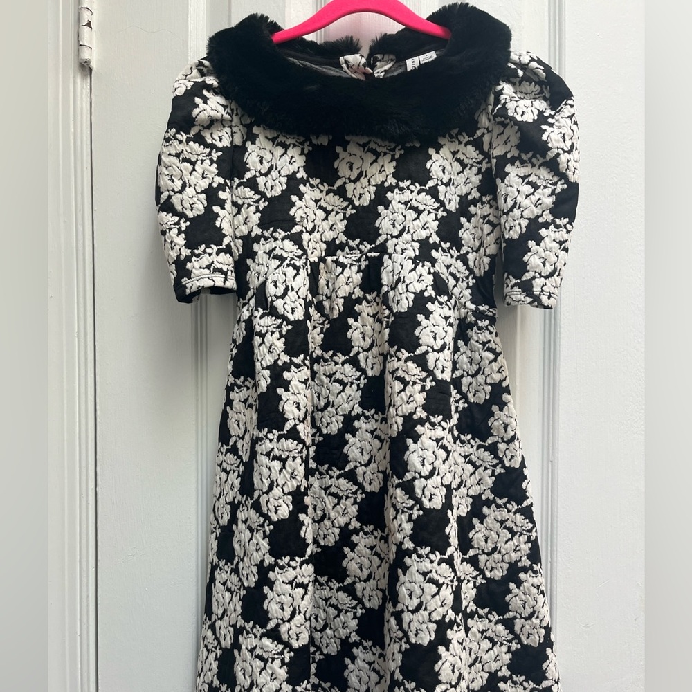 Janie and Jack Black and White Floral Dress with Faux Fur Collar
